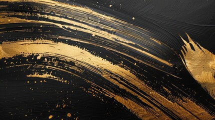 Wall Mural - Abstract gold brush strokes on black background, creating a sense of artistic expression and sophistication.