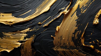 Wall Mural - Abstract gold brush strokes on black background, creating a sense of artistic expression and sophistication.