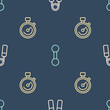 Set line Sport expander, Stopwatch and Dumbbell on seamless pattern. Vector