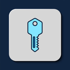 Sticker - Filled outline House key icon isolated on blue background. Vector