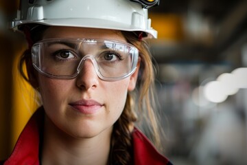 Wall Mural - A confident and determined female engineer wearing safety goggles and a hard hat in a commercial setting