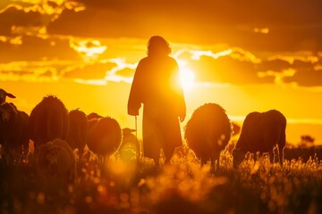 Wall Mural - A person stands in a field surrounded by a herd of sheep, silhouetted against the setting sun with radiant light enveloping them