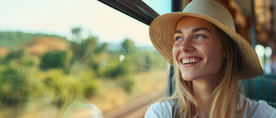 Wall Mural - A woman wearing a straw hat is smiling as she looks out the window of a train