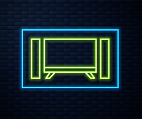 Canvas Print - Glowing neon line Smart Tv icon isolated on brick wall background. Television sign. Vector