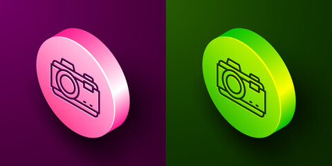 Poster - Isometric line Photo camera icon isolated on purple and green background. Foto camera. Digital photography. Circle button. Vector