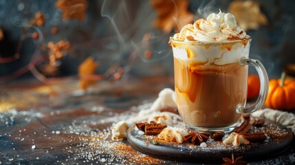 Wall Mural - Salted Caramel Brulee Latte. Sweet creamy hot coffe latte drink with whipped cream and caramelized sugar, on dark table background. Autumn winter warm dairy milk coffee beverage 