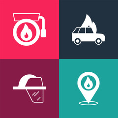 Canvas Print - Set pop art Location with fire flame, Firefighter helmet, Burning car and Ringing alarm bell icon. Vector