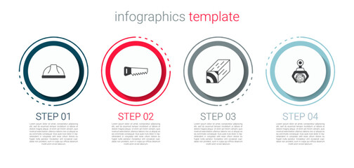 Canvas Print - Set Worker safety helmet, Hand saw, Wooden beam and Grapple crane grabbed log. Business infographic template. Vector