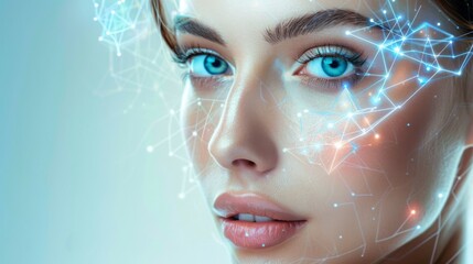 Leinwandbilder - A woman face is overlaid with glowing digital graphics, suggesting advanced technology or virtual reality interface.