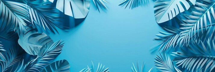 Sticker - This image features an artistic arrangement of palm leaves in a monochrome blue tone, providing a tranquil and stylish background with ample copy space.