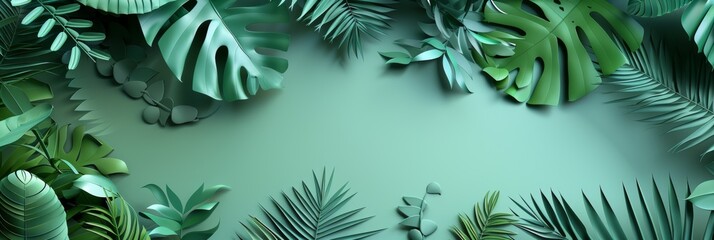 Poster - Featuring subtle mint green tropical leaves framing a clean, spacious center, this background is perfect for serene and fresh design concepts needing a touch of natural elegance.