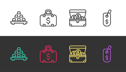 Sticker - Set line Gold bars, Briefcase and money, Treasure chest and Price tag with dollar on black and white. Vector