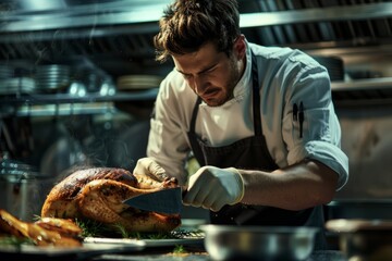 Wall Mural - A man is meticulously preparing a turkey on a kitchen counter, focusing on carving and seasoning the succulent bird