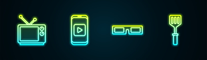 Poster - Set line Retro tv, Online play video, Cinema glasses and Spatula. Glowing neon icon. Vector