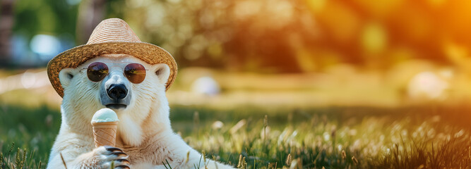 A polar bear in a hat and sunglasses lies on the grass. Background with copy space.