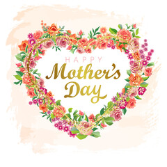  Happy Mother's Day floral greetings. Creative branch of roses, heart wreath decoration with 3D flowers and leaves. Glittering golden elements and brushing strokes. Watercolor backdrop. Greeting card.