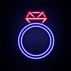 Sticker - Glowing neon line Diamond engagement ring icon isolated on brick wall background. Colorful outline concept. Vector