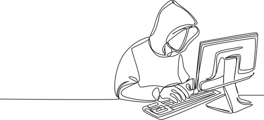 continuous single line drawing of computer hacker stereotype, line art vector illustration