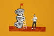 Composite photo collage of happy excited man point cup stack promotion ladder obstacle flag aim development isolated on painted background