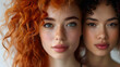 © Mayuree - Two Beautiful Women with Curly Hair and Freckles, To showcase the unique beauty of women with curly hair and freckles through a vibrant and colorful