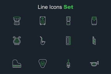 Sticker - Set line Trumpet, Violin, Guitar pick, Grand piano, Keytar, Harmonica, Saxophone and Ancient Greek lyre icon. Vector