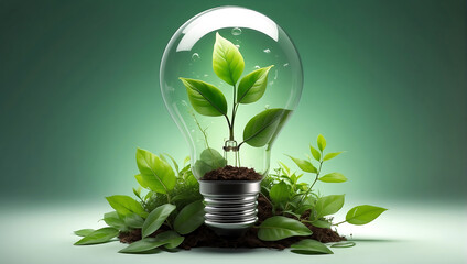 A light bulb with a plant inside of it, green energy, environmental lighting and the source of future growth environment friendly