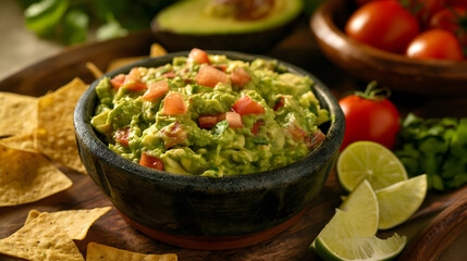 Poster - Traditional Mexican Guacamole in a Molcajete with Tortilla Chips