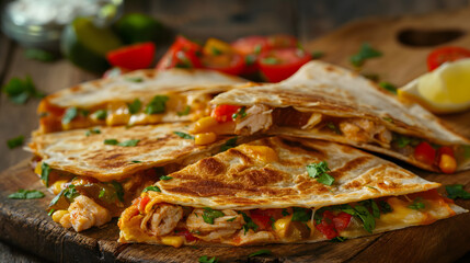 Wall Mural - Delicious Grilled Chicken Quesadillas on Wooden Table