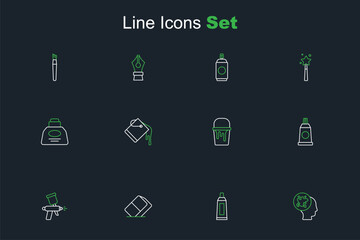 Sticker - Set line Paint spray, Tube with paint palette, Eraser or rubber, gun, bucket, and Inkwell icon. Vector