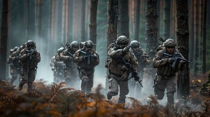 A well-equipped military unit used in camouflage on military reconnaissance missions. Rifle in shooting position in dense forest