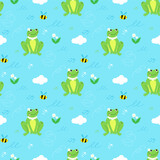 Fototapeta Pokój dzieciecy - Seamless vector pattern with cute frog and bee, daisies and clouds. Print for children textile, pack, fabric, wallpaper, wrapping.
