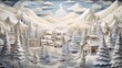 The image shows a beautiful winter scene with a snow-covered village and mountains in the background. The image is made of paper cutouts and has a very detailed and realistic look.