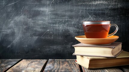 Closeup a cup of hot tea drink on books stack against classroom blackboard background. Generated AI