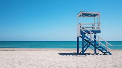 Canvas Print - Beautiful landscape of lifeguard tower blue and white color in beach at a sunny day. Generated AI
