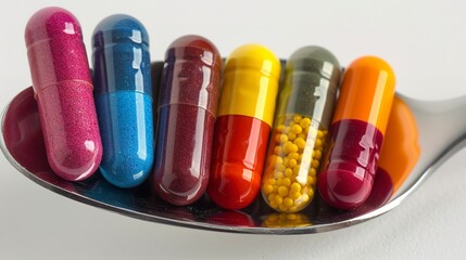 Poster - Colorful vitamin pills on spoon, supplement spectrum, close up, boost of wellness, sharp detail 