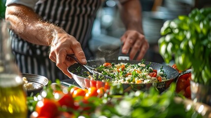 Poster - Hands preparing a plant-based meal, culinary health, close up, vegan vitality, warm kitchen ambiance