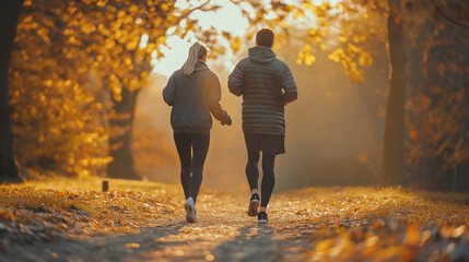 Happy couple of athlete walking in park