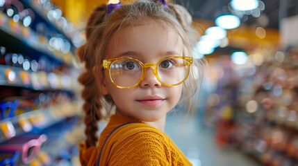 Poster - Child picking out first glasses, joyful choice, close up, colorful frames, bright store light 