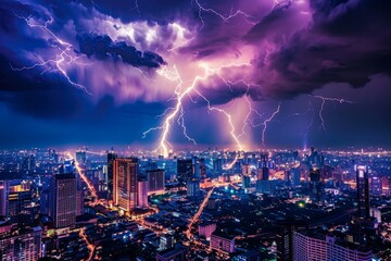 Wall Mural - Lightning strikes down amidst cityscape, silhouettes of buildings against dark sky, with glowing ATDmd