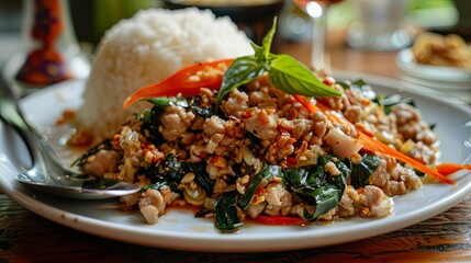 Wall Mural - A mouthwatering plate of stir-fried minced pork with holy basil, showcasing the deliciousness of Thai cuisine.