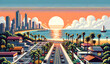 beautiful road side view sunset in the beach retro pixel art illustration