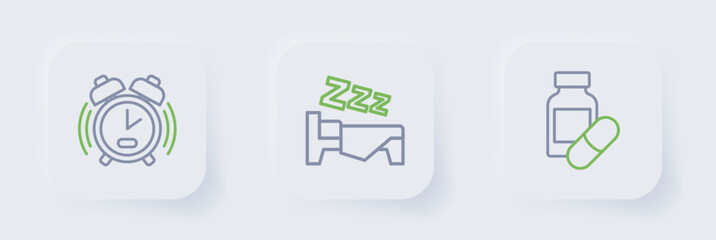 Canvas Print - Set line Sleeping pill, Time to sleep and Alarm clock icon. Vector