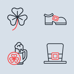 Sticker - Set line Leprechaun boot, Glass of beer, hat and Clover trefoil leaf icon. Vector