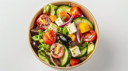 Wall Mural - Appetizing Greek salad served in a paper bowl, ideal for grab-and-go meals, photographed from a top-down perspective against a white backdrop.