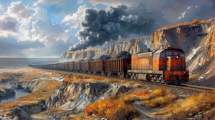 Wall Mural - Ploughing its path on industrial rail lines, a train carries a vital cargo of coal, underlying the realities of energy resource transportation.