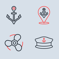 Wall Mural - Set line Location with anchor, Boat propeller, Captain hat and Anchor icon. Vector