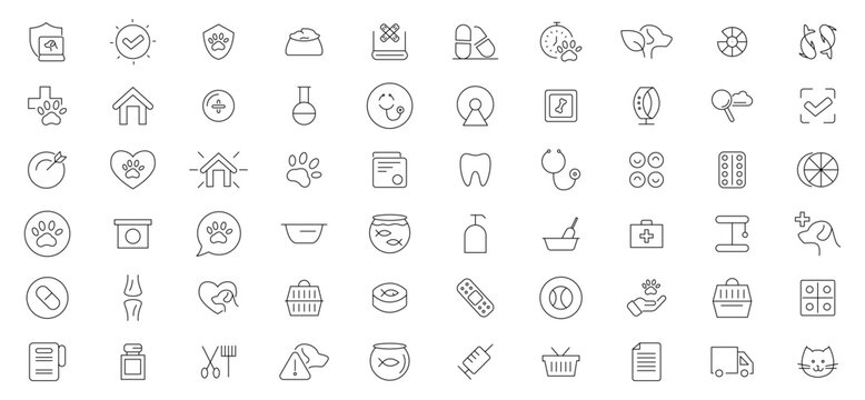 Veterinary, pet, vet, pet shop, dog care, training, cat, food line icons set collection. Outline icon collection. Pets line icons. Lovely animals icon pack. Vaccine, pet care, and dog paw.