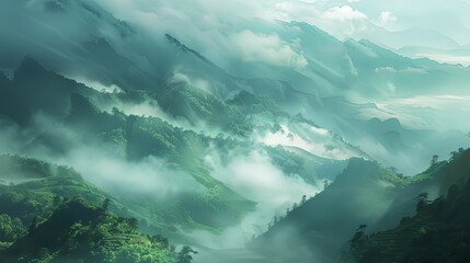 Wall Mural - Misty morning fog rolling through the valleys of the mountains, evoking a sense of mystery and enchantment.