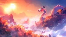 Ephemeral Misty Valley With Dragon. Surreal Concept, Anime Illustration Style, Looping 4k Video Animation Background