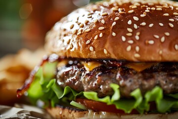 Wall Mural - A close-up view of a hamburger featuring a beef patty, melted cheese, and crisp lettuce inside a sesame seed bun